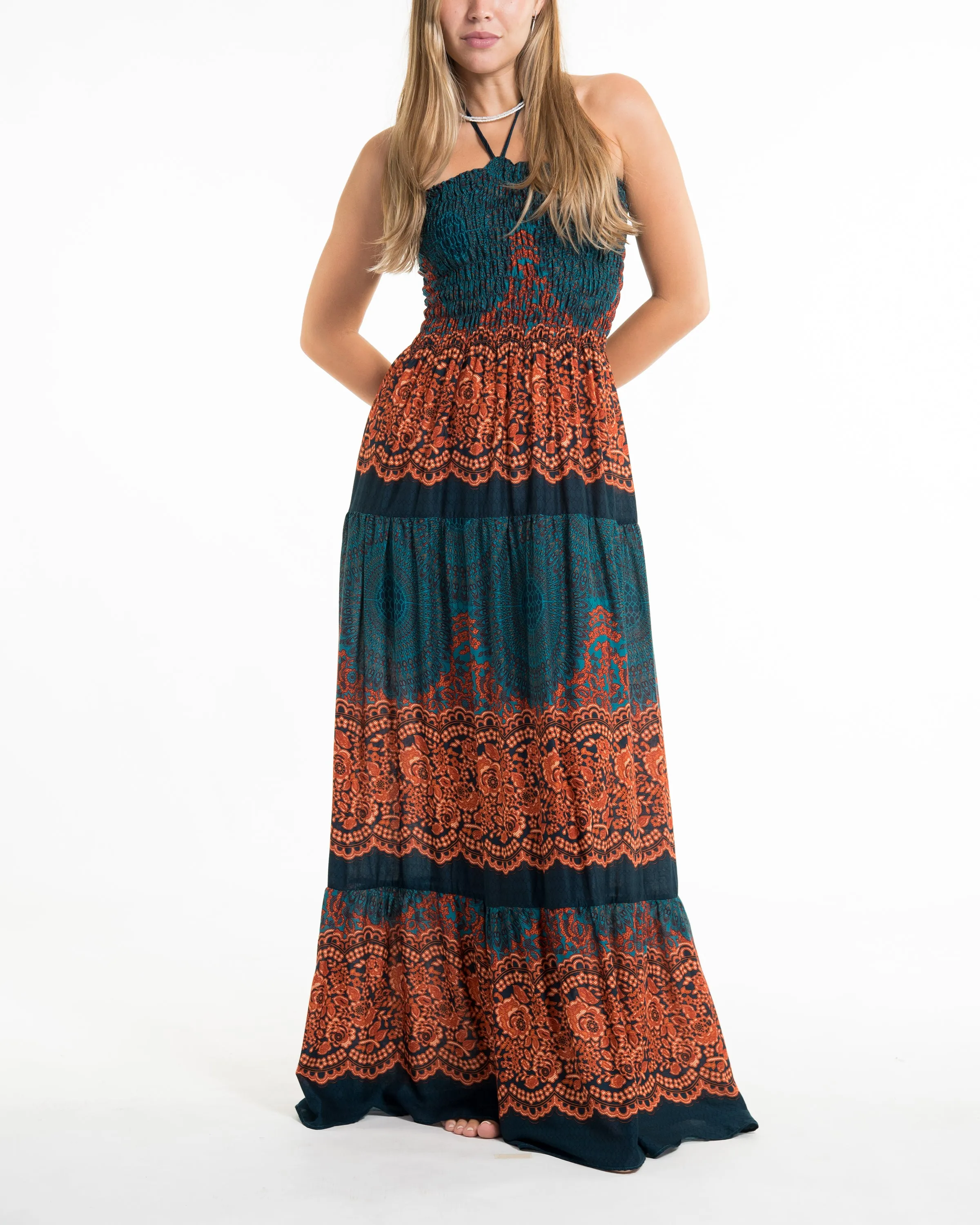 Geometric Mandalas Smocked Maxi Dress in Turquoise