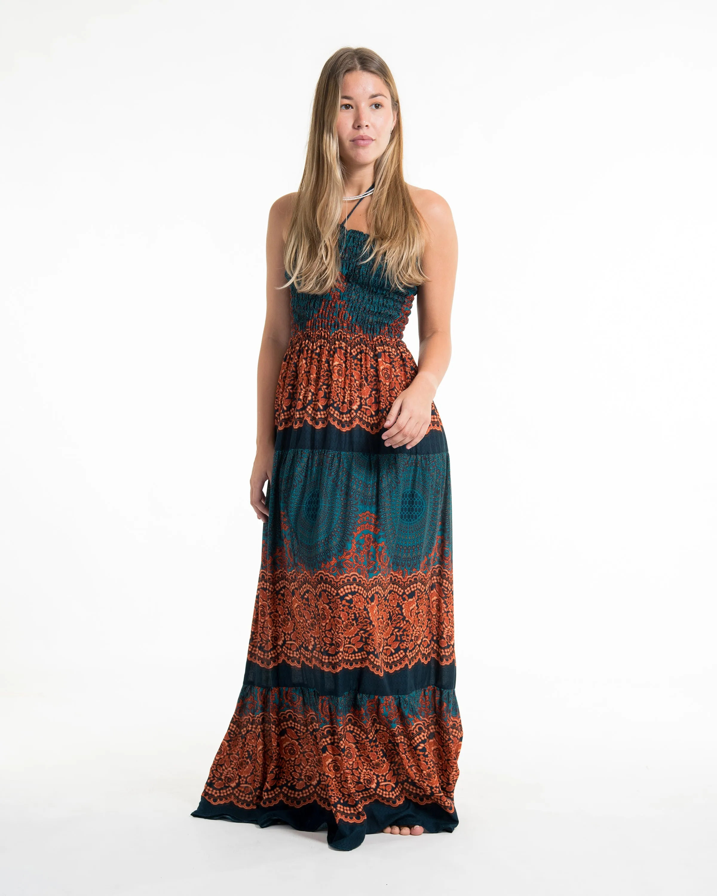 Geometric Mandalas Smocked Maxi Dress in Turquoise