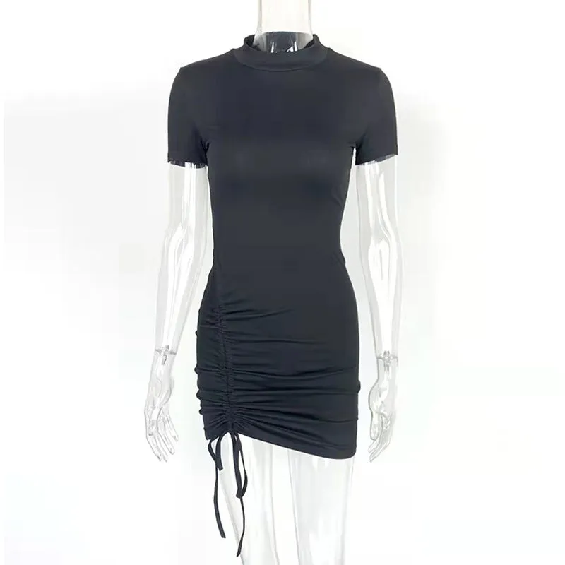 Girlary-shop group halloween costumes New Women's 2024 Summer Sexy Pleated Hip Skirt Short Sleeve Half Turtleneck Tight Dress