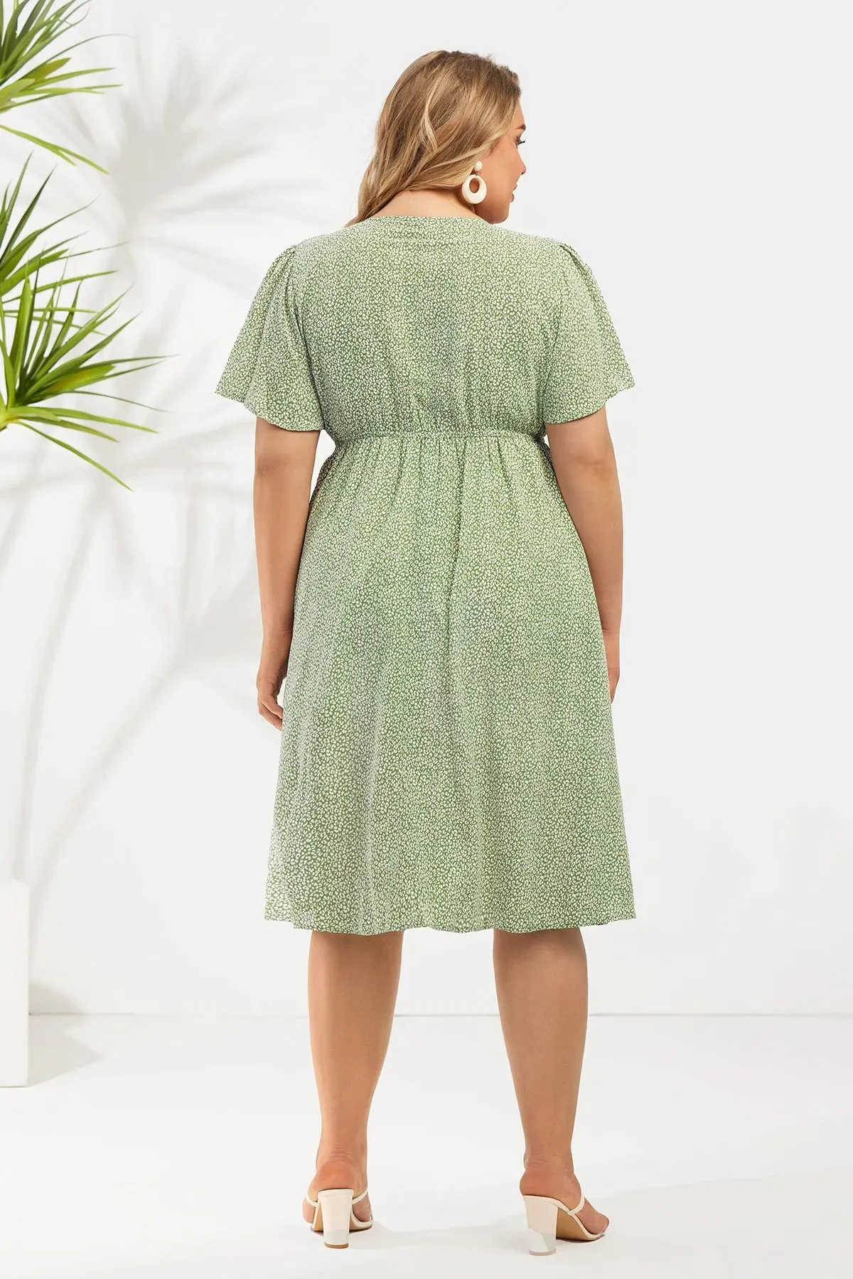 Green Elastic Waist Wrap V-Neck Dress