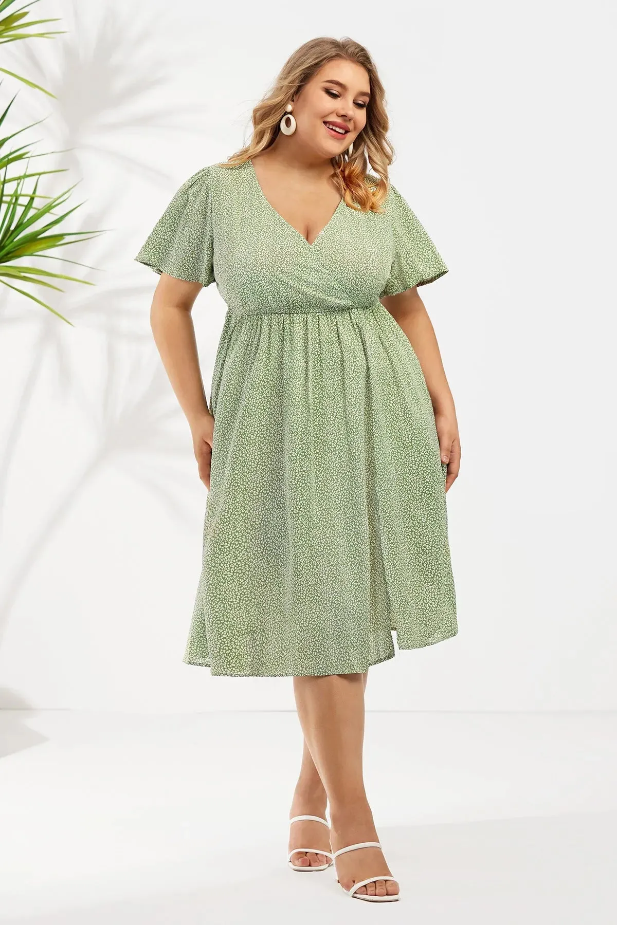 Green Elastic Waist Wrap V-Neck Dress