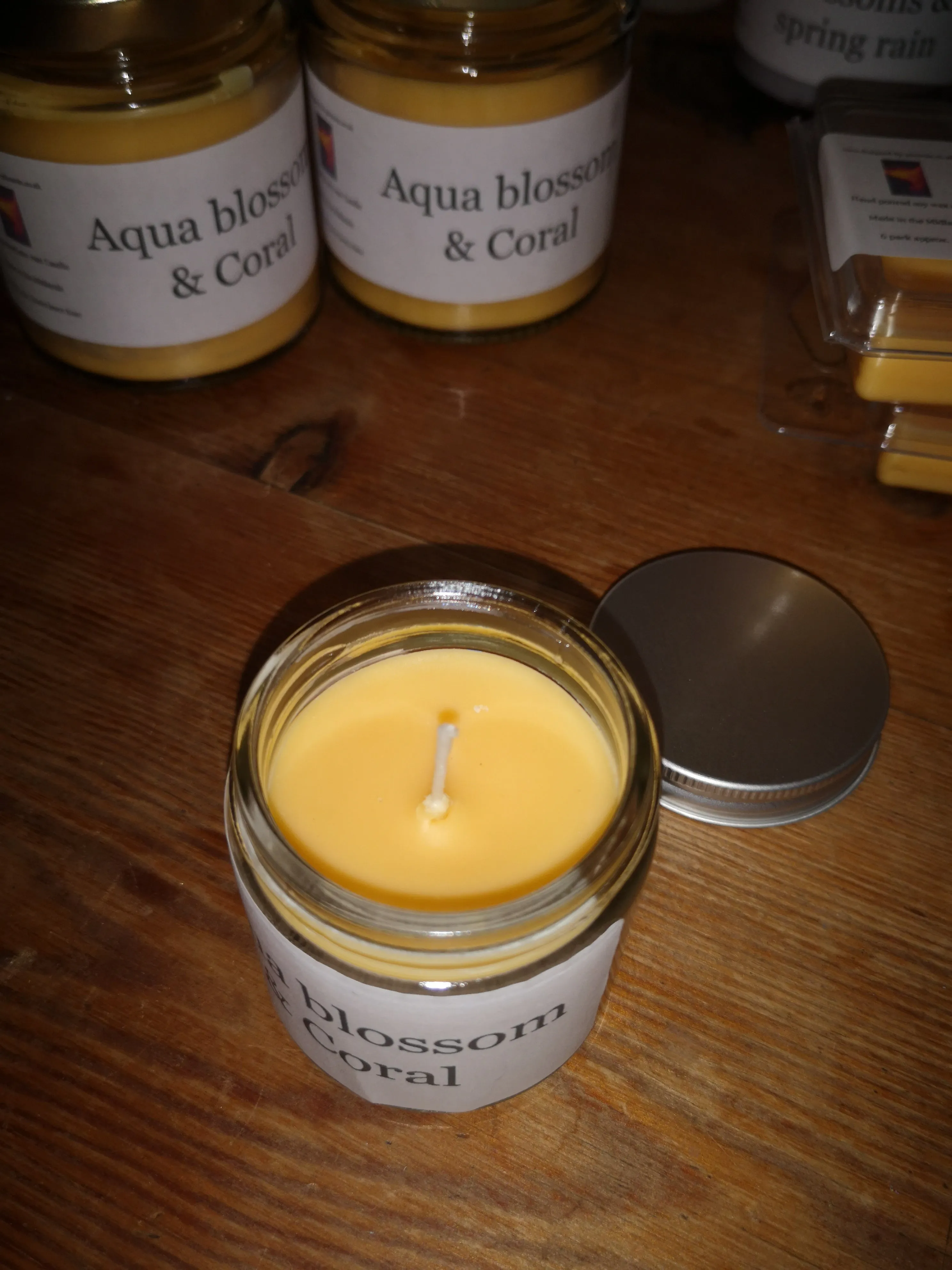 Hand poured soy wax candles and melts, Aqua Blossom & Coral