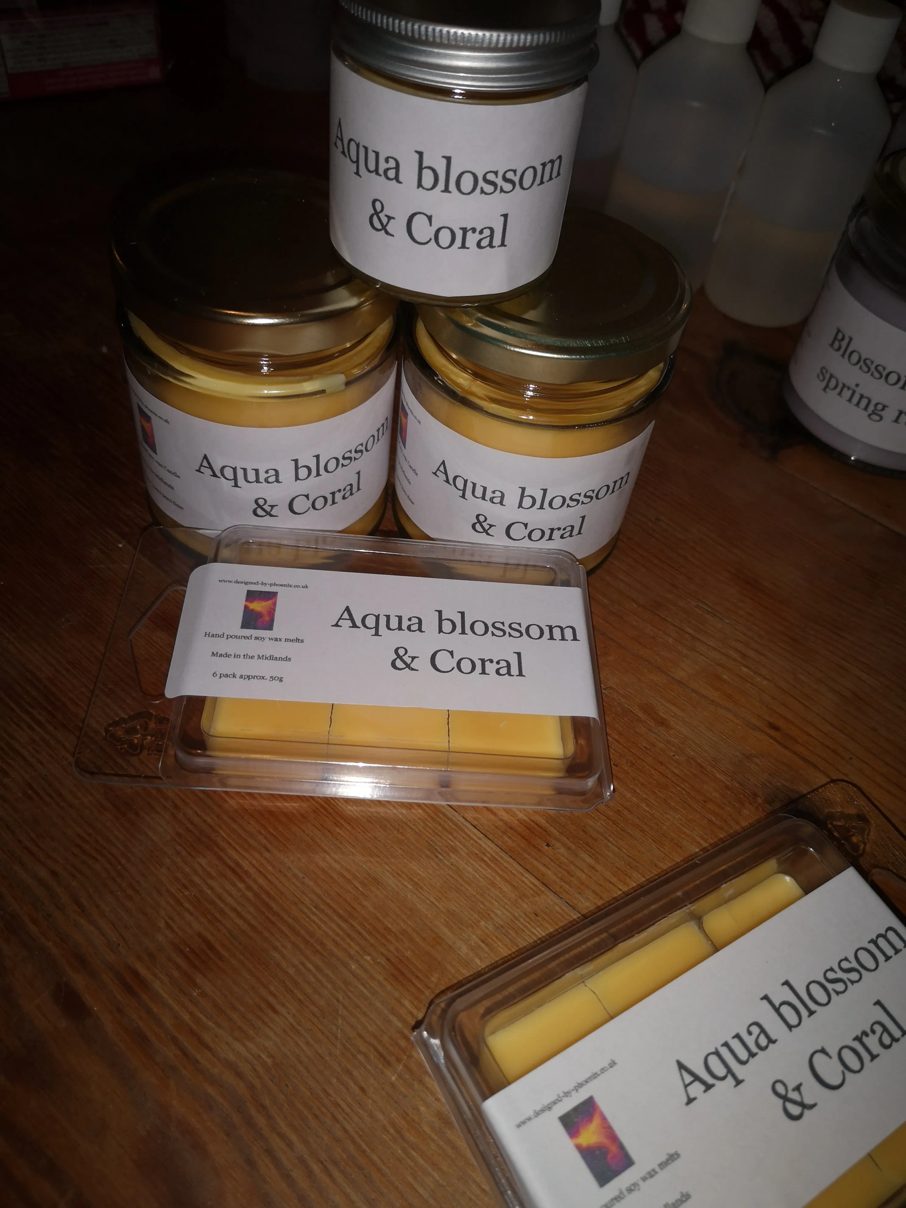 Hand poured soy wax candles and melts, Aqua Blossom & Coral