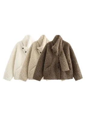 'Isla' V-Neck Detachable Scarf Buttoned Faux Fur Coat
