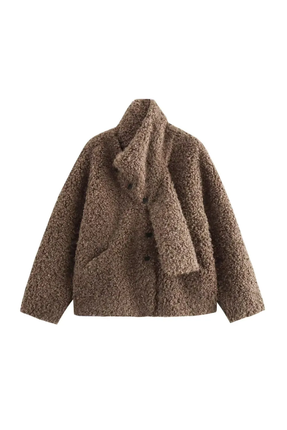 'Isla' V-Neck Detachable Scarf Buttoned Faux Fur Coat