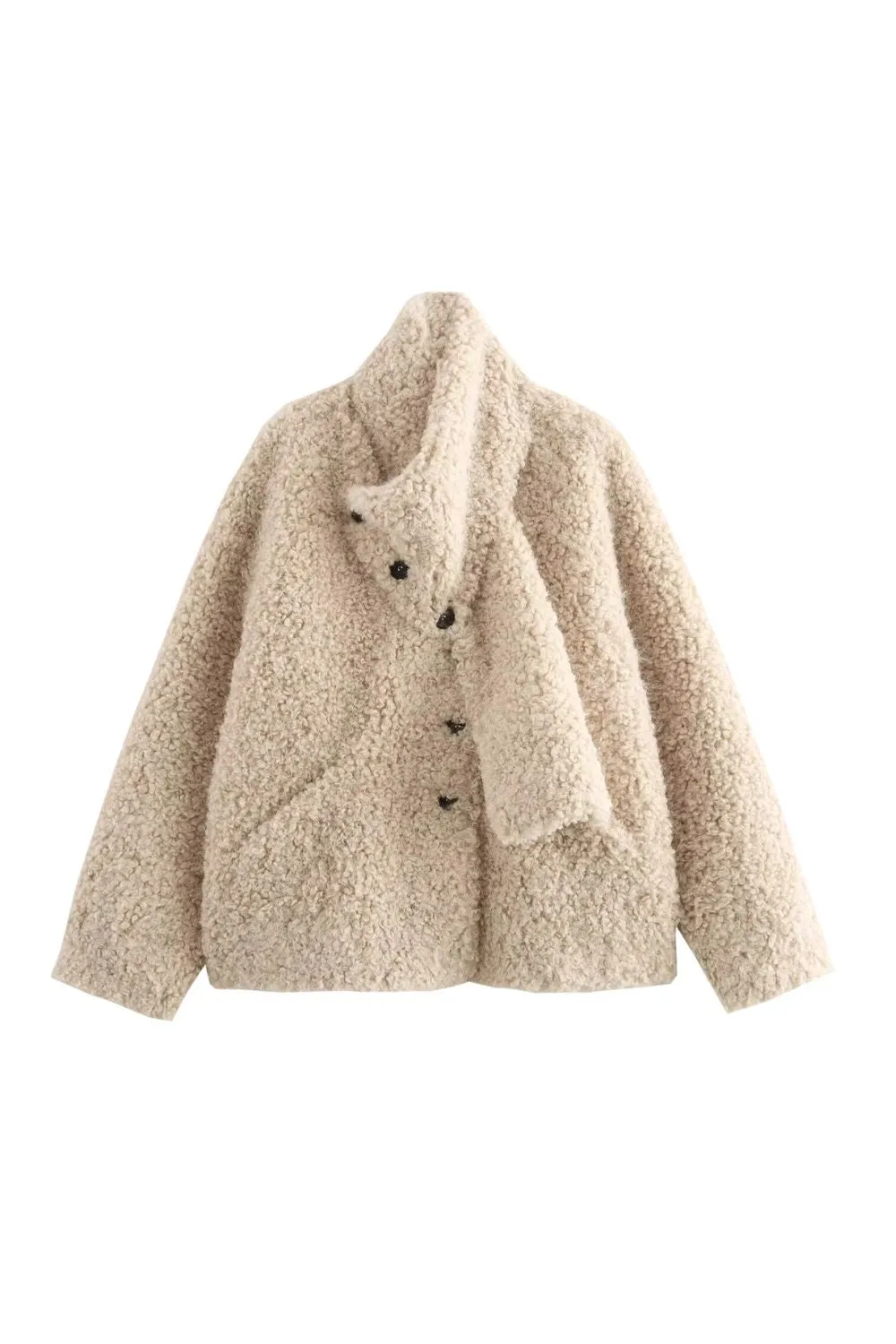 'Isla' V-Neck Detachable Scarf Buttoned Faux Fur Coat