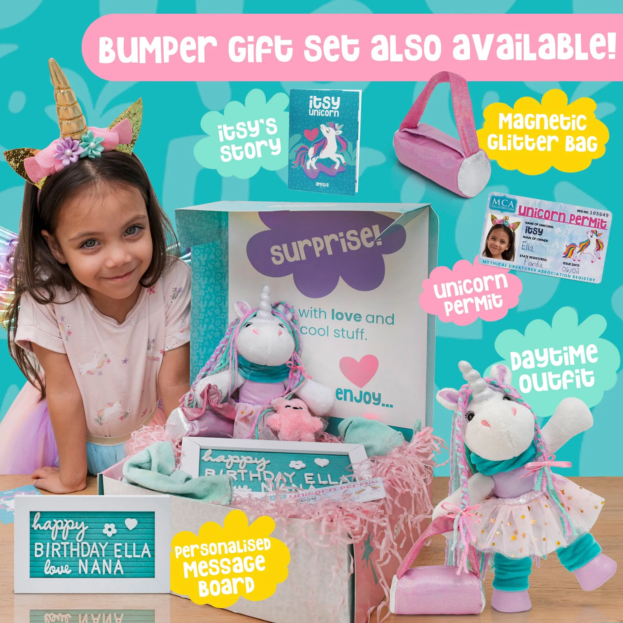 Itsy Unicorn Onesie Bedtime Outfit with Mini Teddy Bear – Pink Unicorn Plush Onesie, Unicorn Girl Gifts, Unicorn Toys for Girls Age 6-8