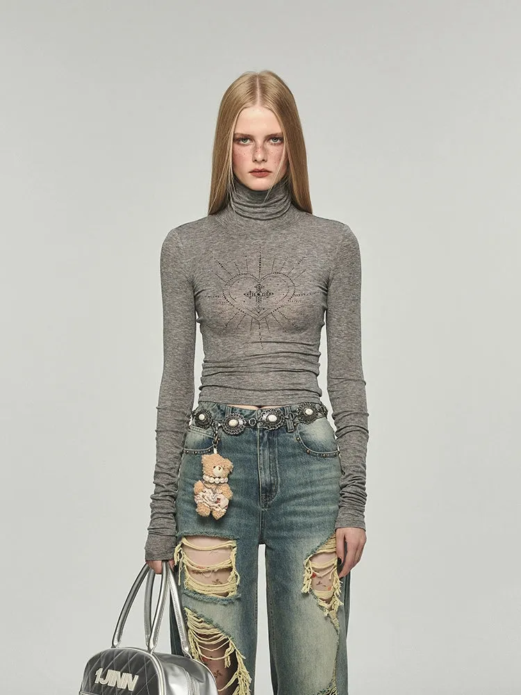 Jinn Basic Rhinestone Slim Fit Turtleneck