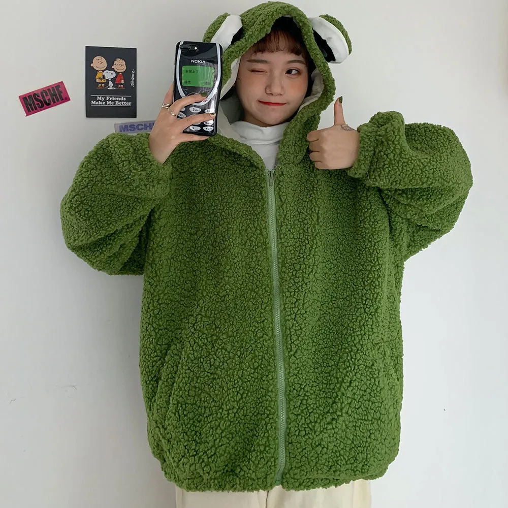 Joskaa Christmas Gift QWEEK Kawaii Frog Hoodie Women Cute Zip Up Sweatshirt Animal Ears Zipper Pullover Korean Style 2024 Sweet Green Top Alt Clothes