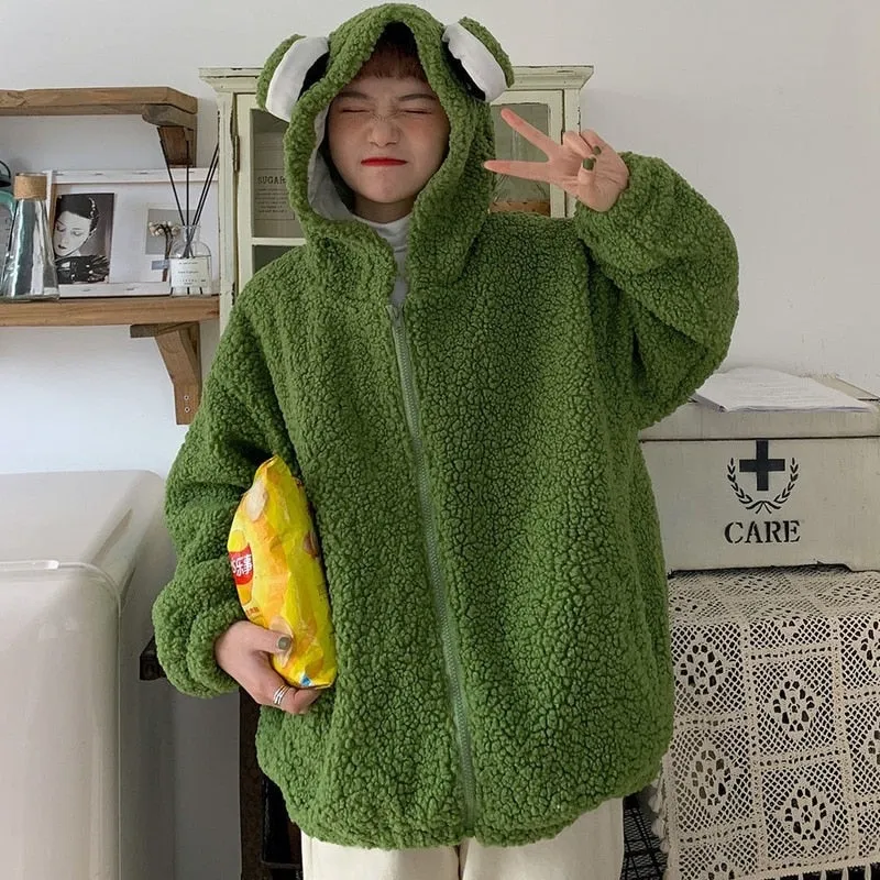 Joskaa Christmas Gift QWEEK Kawaii Frog Hoodie Women Cute Zip Up Sweatshirt Animal Ears Zipper Pullover Korean Style 2024 Sweet Green Top Alt Clothes