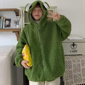 Joskaa Christmas Gift QWEEK Kawaii Frog Hoodie Women Cute Zip Up Sweatshirt Animal Ears Zipper Pullover Korean Style 2024 Sweet Green Top Alt Clothes