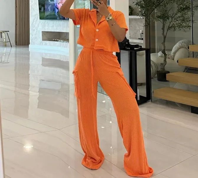 Joskaa Elegant 2-Piece Sets for Women Corduroy Crop Top Short Sleeved Shirt High Waisted Straight Leg Pants Casual Floor Pants Set