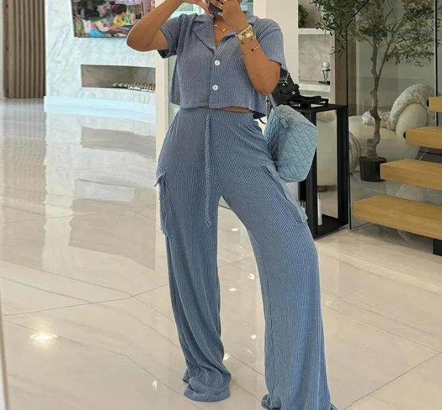 Joskaa Elegant 2-Piece Sets for Women Corduroy Crop Top Short Sleeved Shirt High Waisted Straight Leg Pants Casual Floor Pants Set