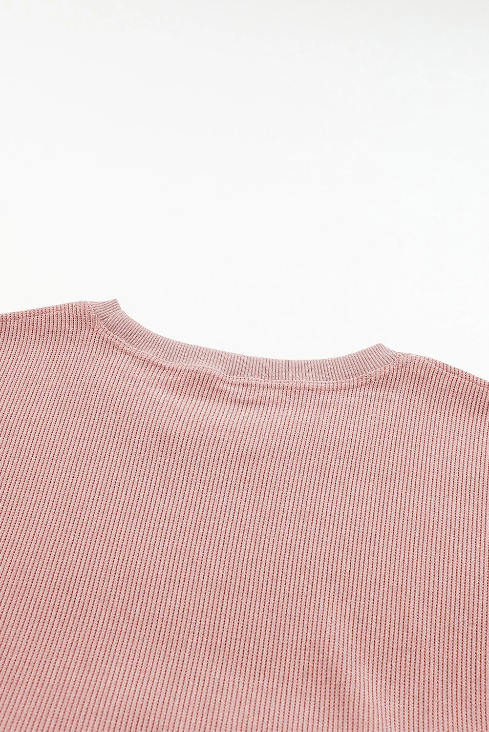 Khaki Solid Ribbed Knit Round Neck Pullover Sweatshirt