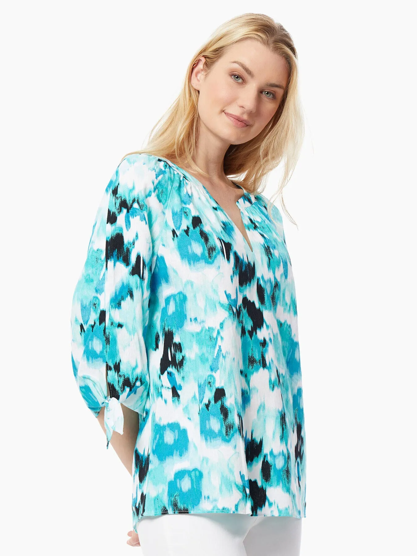 Linen-Blend V-Neck Tie-Sleeve Blouse