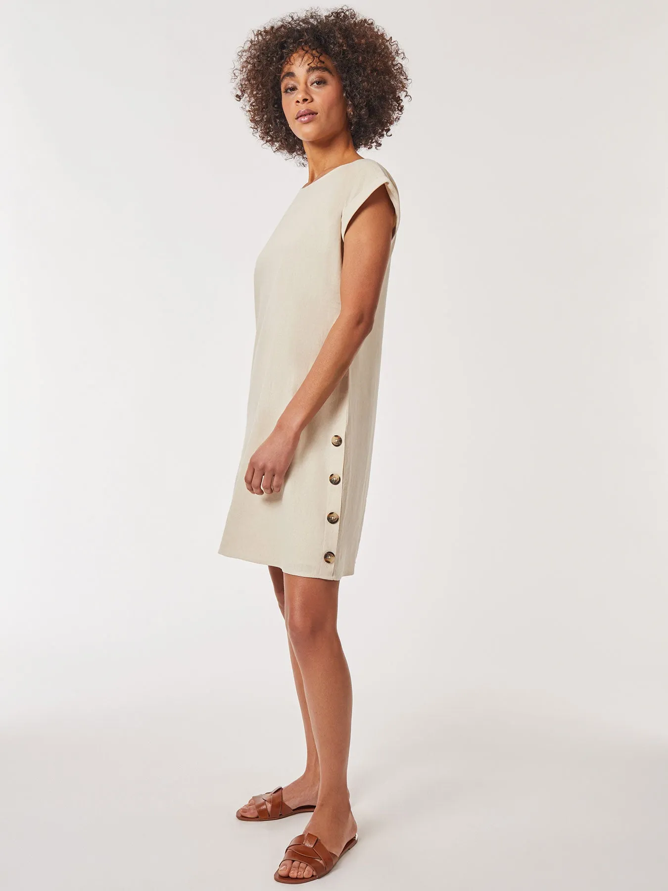 Linen Short Sleeve Side Button Swing Dress