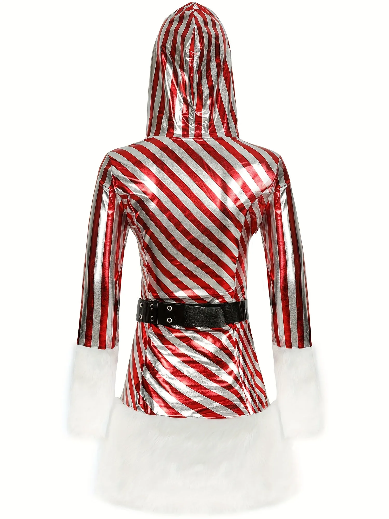 Long Sleeve Set of Women's Christmas Mini Dress   Belt   Leg Warmers, Hooded Striped Patchwork