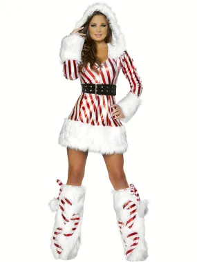 Long Sleeve Set of Women's Christmas Mini Dress   Belt   Leg Warmers, Hooded Striped Patchwork