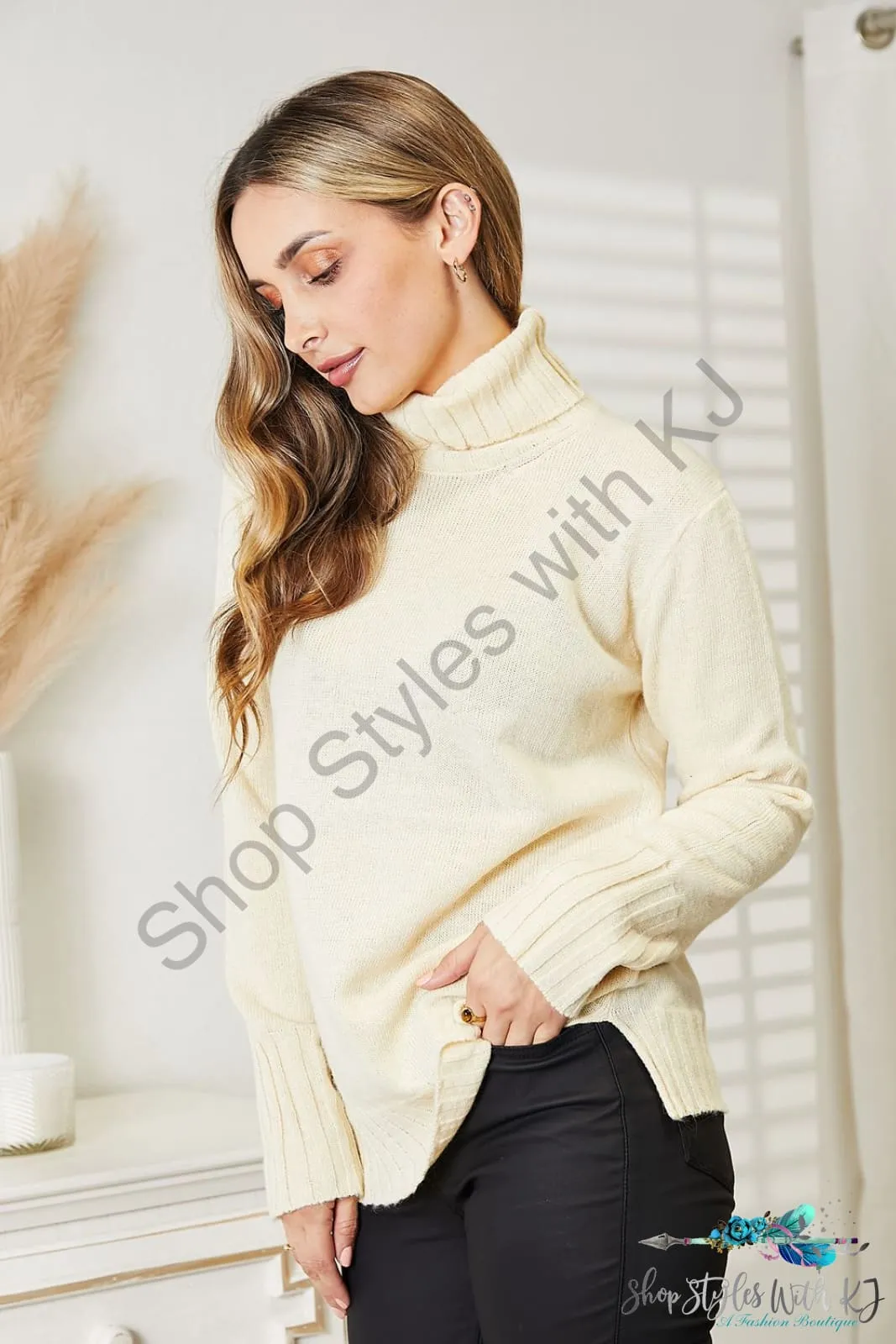 Long Sleeve Turtleneck Sweater with Side Slit