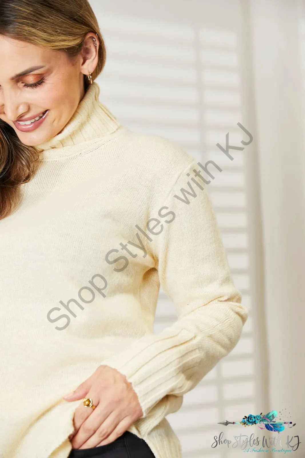 Long Sleeve Turtleneck Sweater with Side Slit