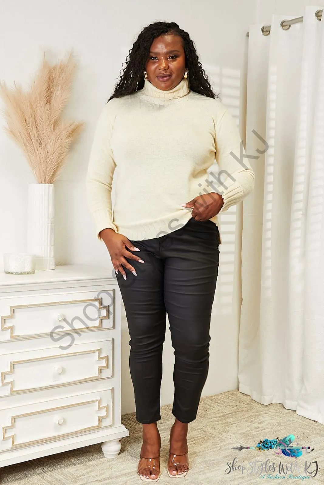 Long Sleeve Turtleneck Sweater with Side Slit