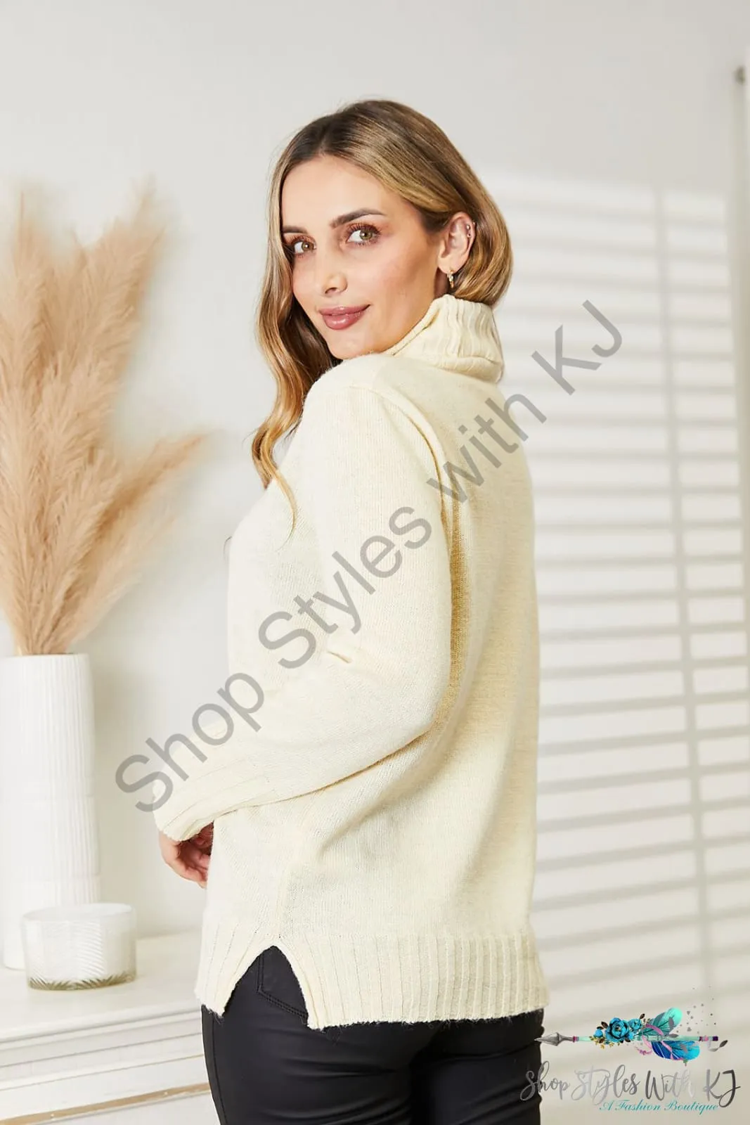 Long Sleeve Turtleneck Sweater with Side Slit