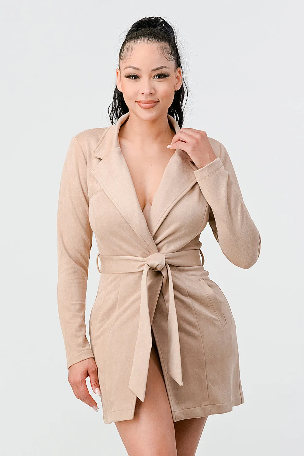 LUX TECHNO SUEDE WAIST TIE KIMONO BLAZER JACKET
