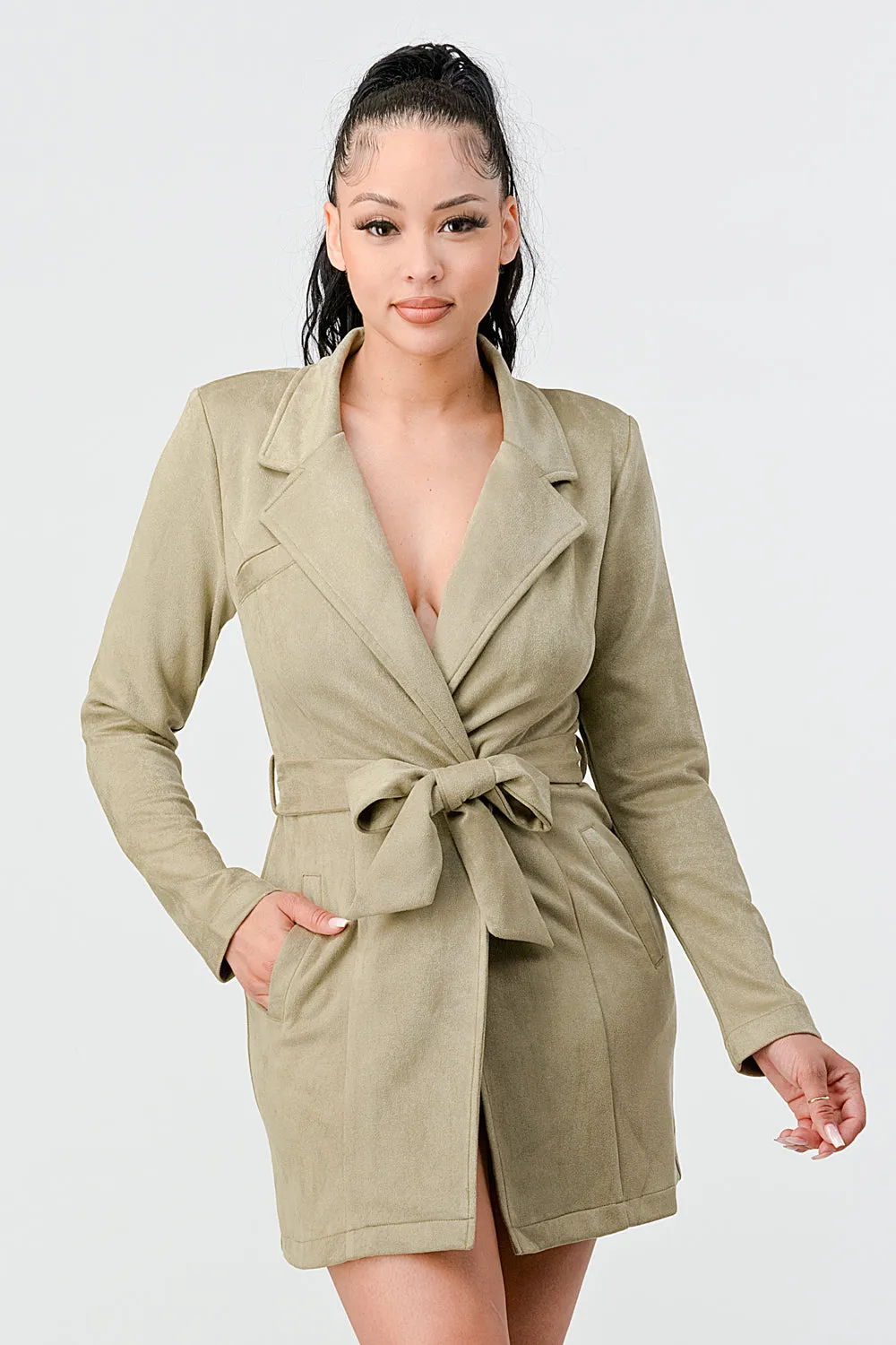 LUX TECHNO SUEDE WAIST TIE KIMONO BLAZER JACKET