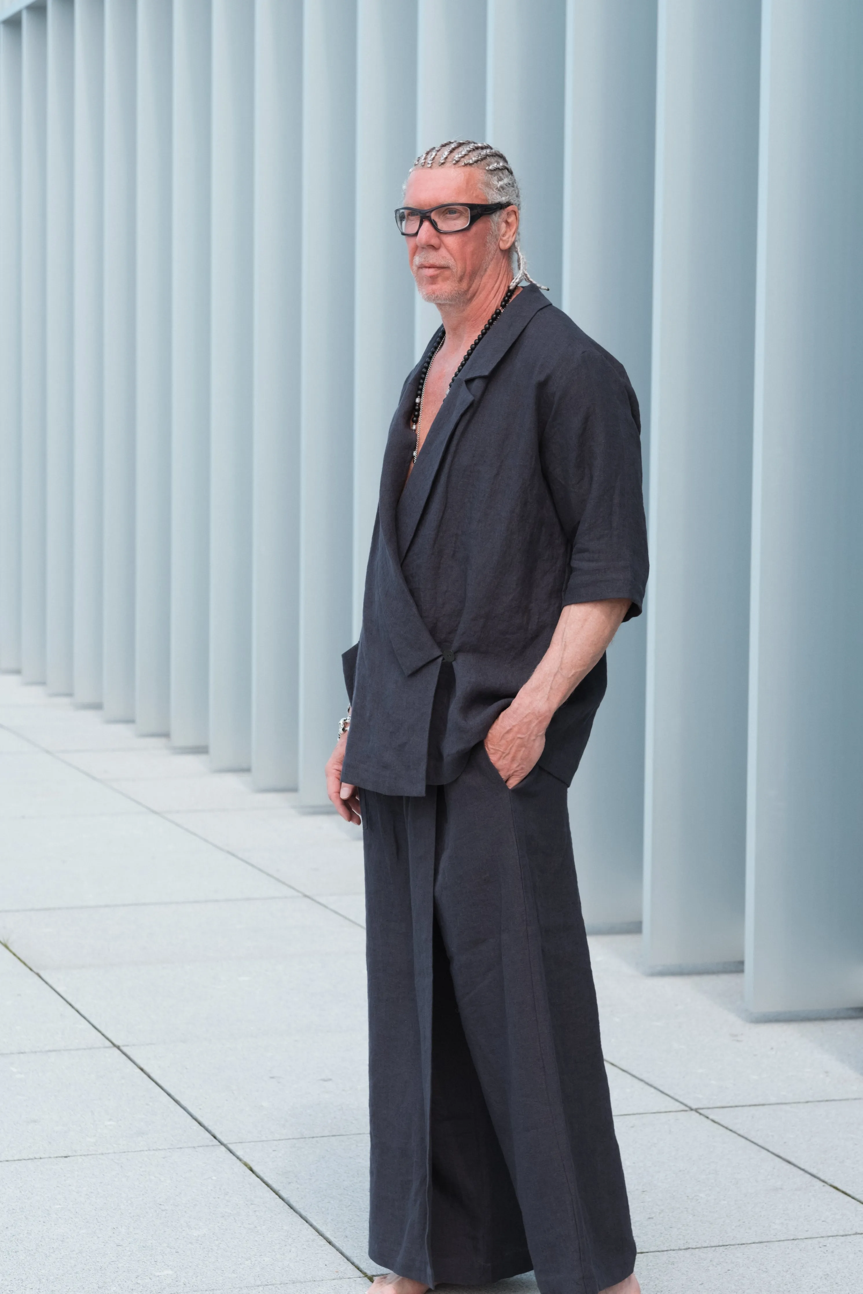 Men’s two-pieces Japanese style linen suit with kimono blazer and skirt detail pants