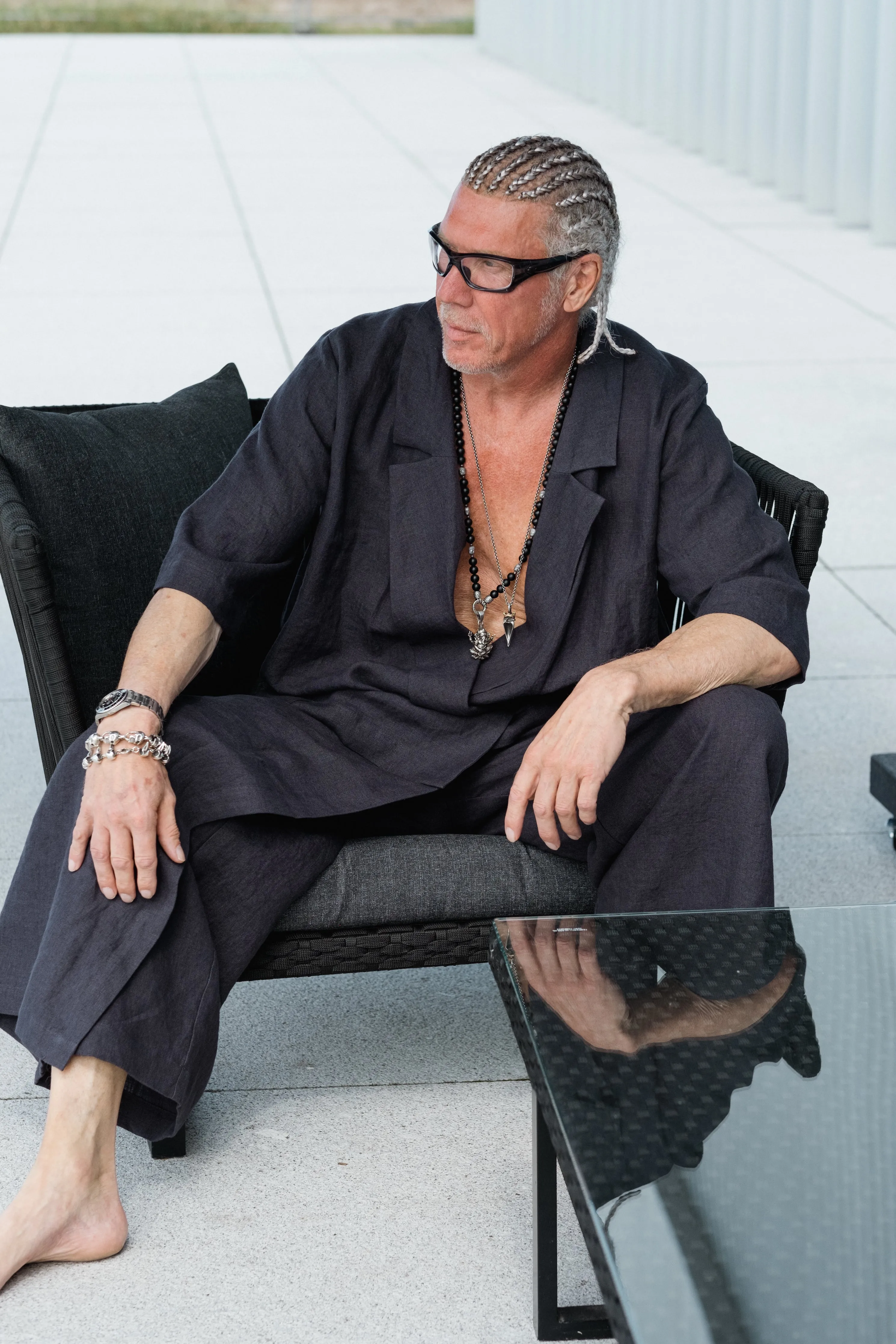 Men’s two-pieces Japanese style linen suit with kimono blazer and skirt detail pants