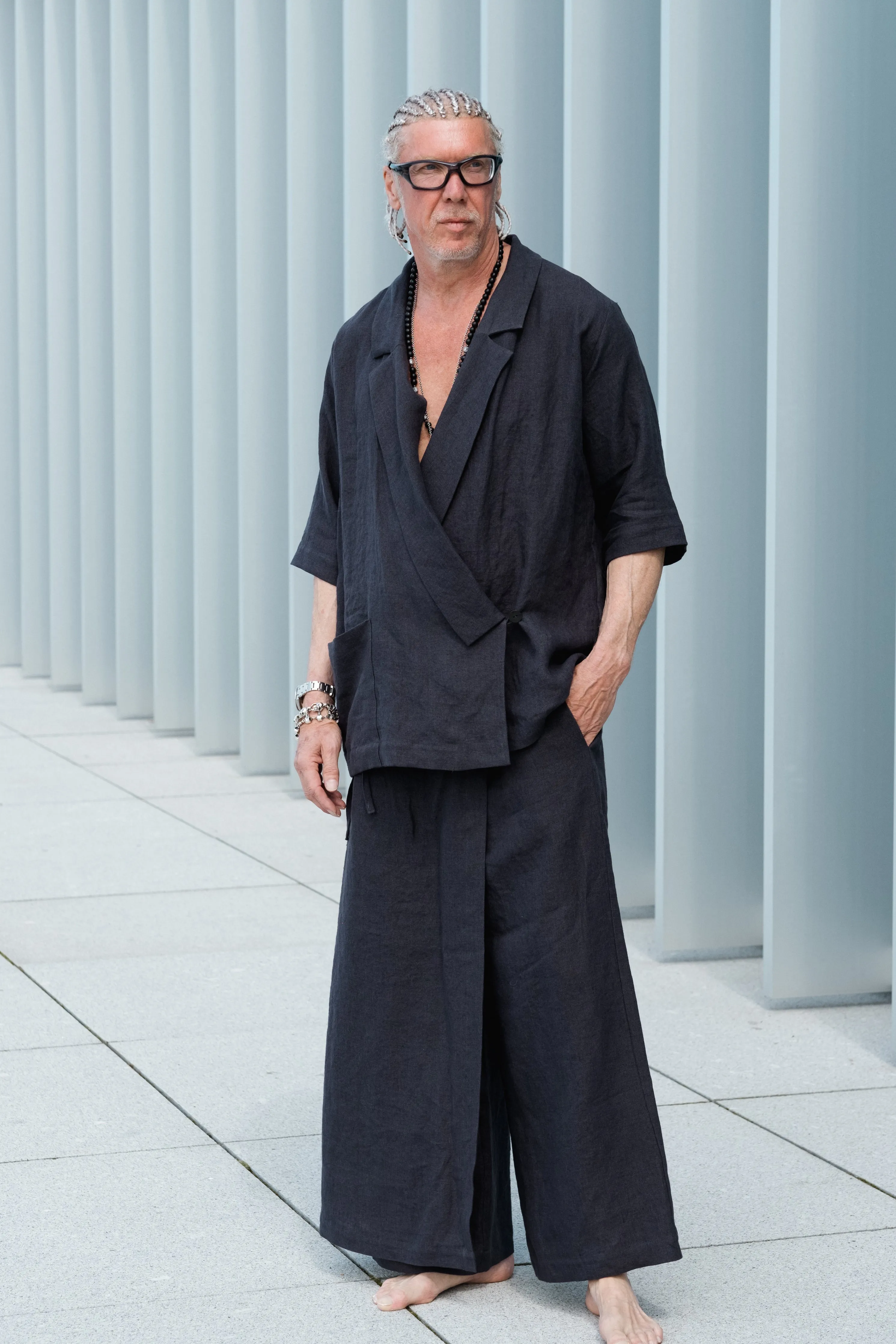 Men’s two-pieces Japanese style linen suit with kimono blazer and skirt detail pants