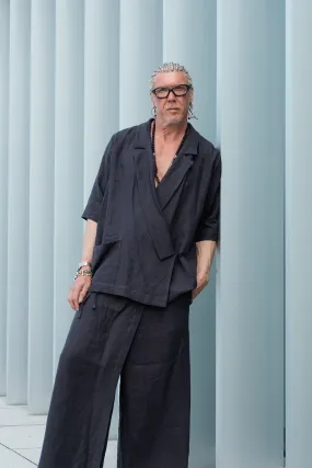 Men’s two-pieces Japanese style linen suit with kimono blazer and skirt detail pants