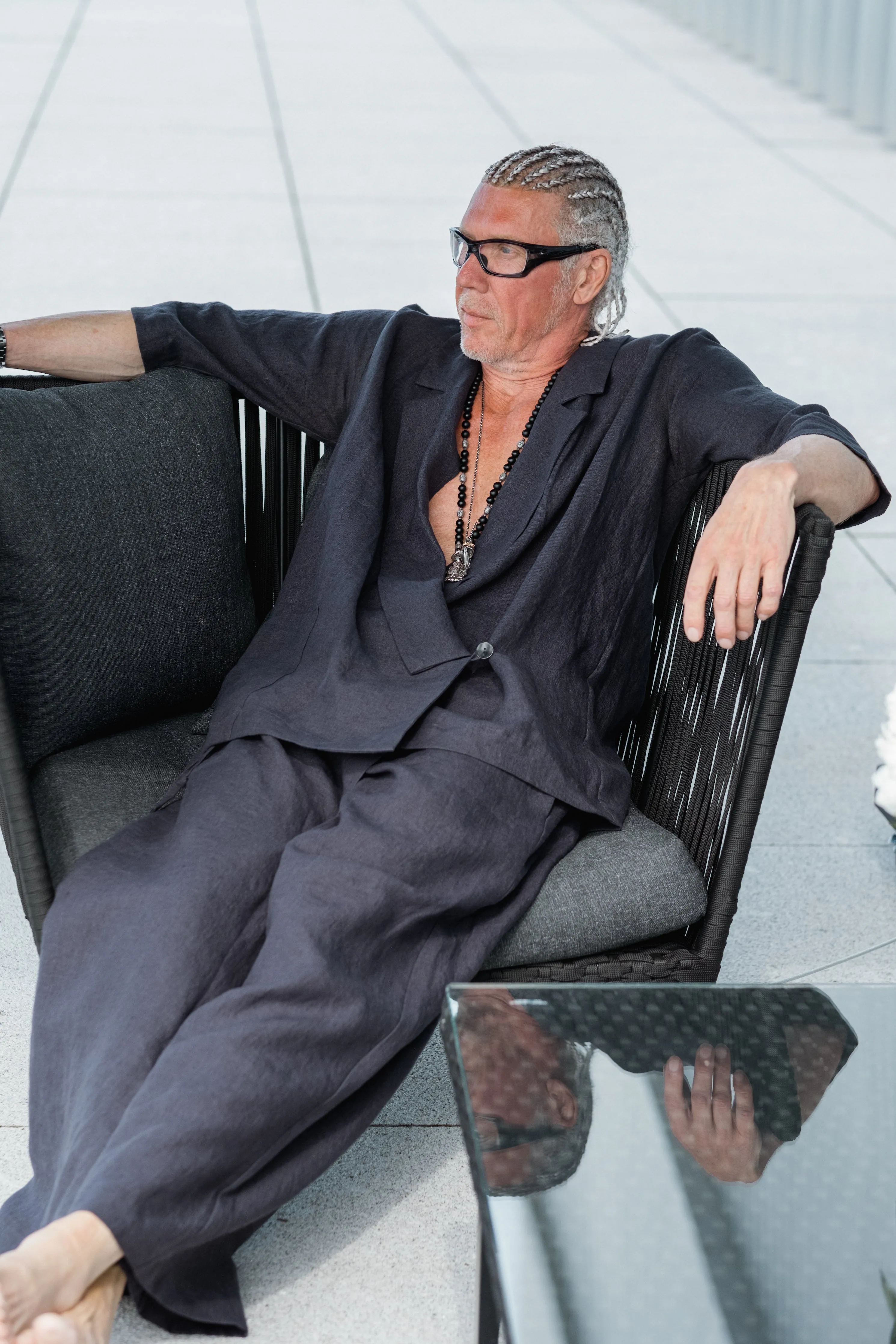 Men’s two-pieces Japanese style linen suit with kimono blazer and skirt detail pants
