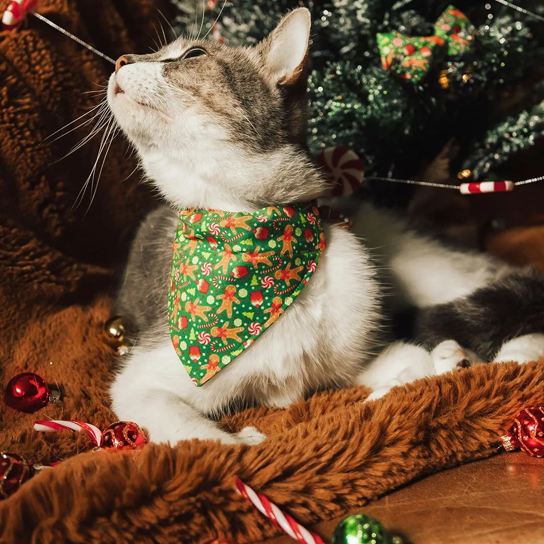 Pet Bandana - "Christmas Treats - Green" - Holiday Gingerbread Bandana for Cat   Small Dog / Slide-on Bandana / Over-the-Collar (One Size)