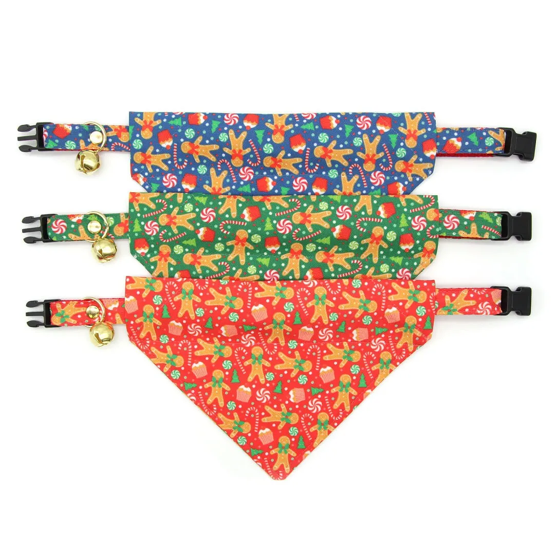 Pet Bandana - "Christmas Treats - Red" - Holiday Gingerbread Bandana for Cat   Small Dog / Slide-on Bandana / Over-the-Collar (One Size)