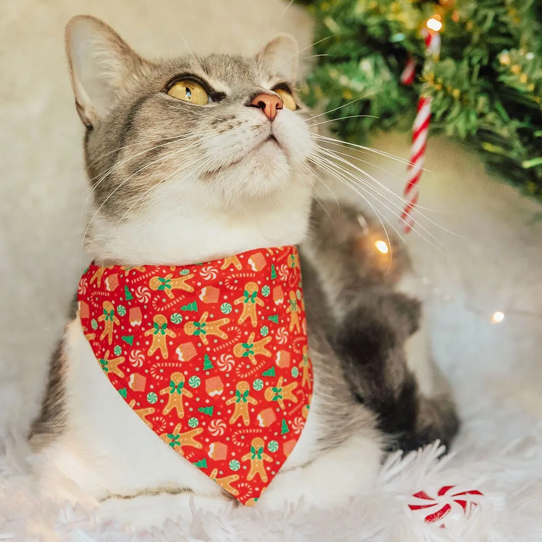 Pet Bandana - "Christmas Treats - Red" - Holiday Gingerbread Bandana for Cat   Small Dog / Slide-on Bandana / Over-the-Collar (One Size)