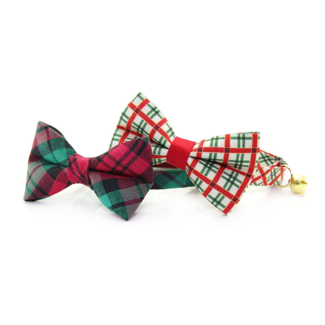 Pet Bandana - "Holiday Road" - Red & Green Plaid Bandana for Cat   Small Dog / Christmas / Slide-on Bandana / Over-the-Collar (One Size)
