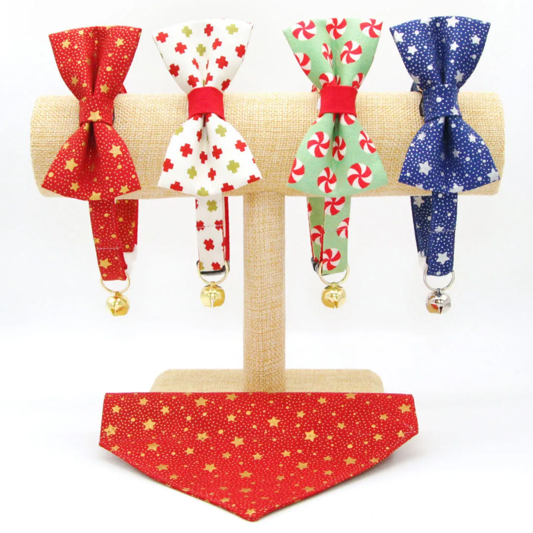 Pet Bandana - "Swiss Cross Christmas" - Red & Green Bandana for Cat   Small Dog / Holiday / Slide-on Bandana / Over-the-Collar (One Size)