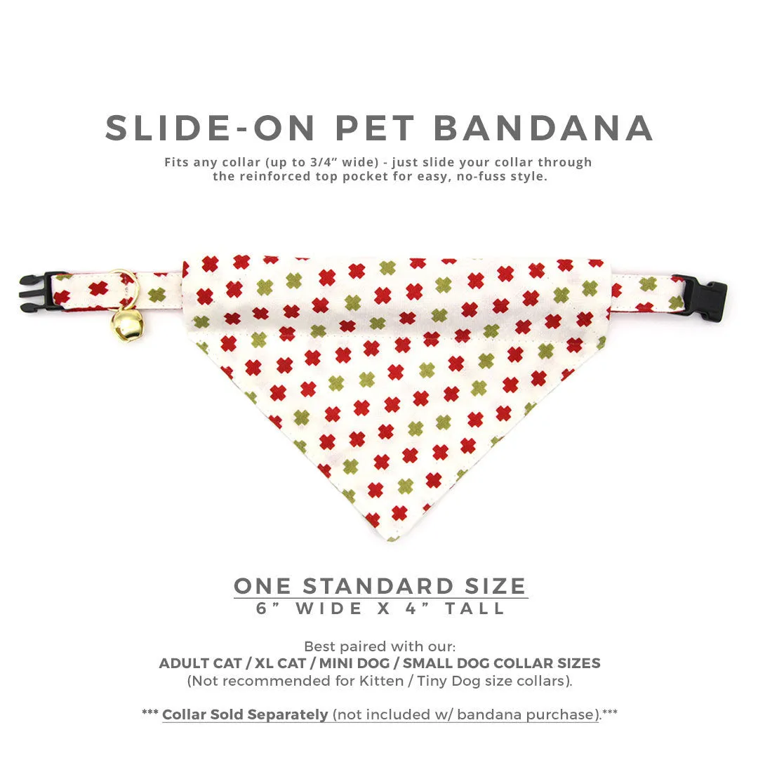 Pet Bandana - "Swiss Cross Christmas" - Red & Green Bandana for Cat   Small Dog / Holiday / Slide-on Bandana / Over-the-Collar (One Size)