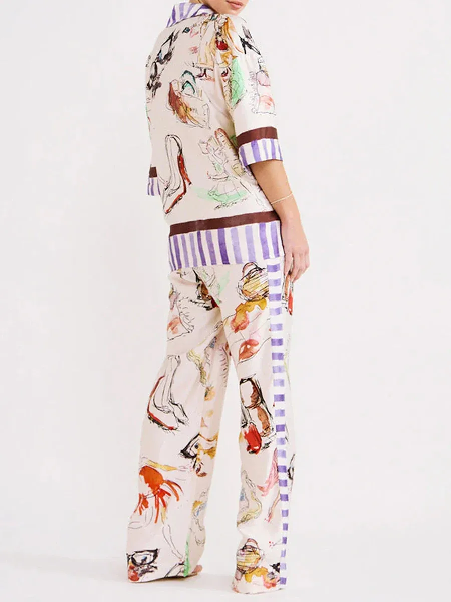 Print Casual Loose Lapel Sleeve Button Down Elastic Waist Spring Fashion Pajamas