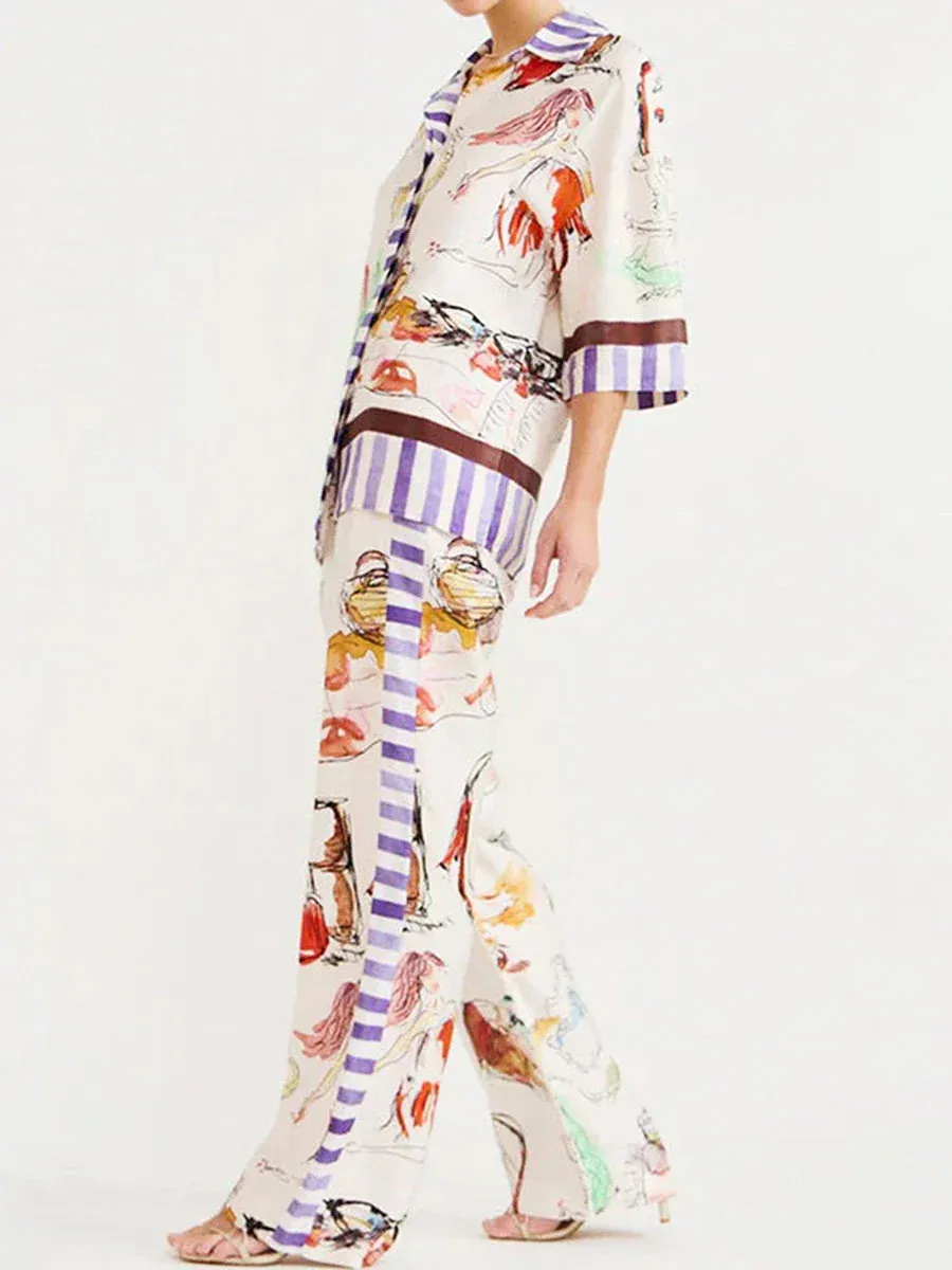 Print Casual Loose Lapel Sleeve Button Down Elastic Waist Spring Fashion Pajamas