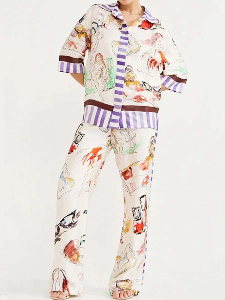 Print Casual Loose Lapel Sleeve Button Down Elastic Waist Spring Fashion Pajamas