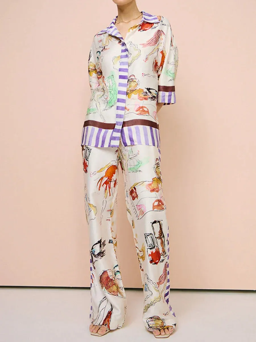 Print Casual Loose Lapel Sleeve Button Down Elastic Waist Spring Fashion Pajamas