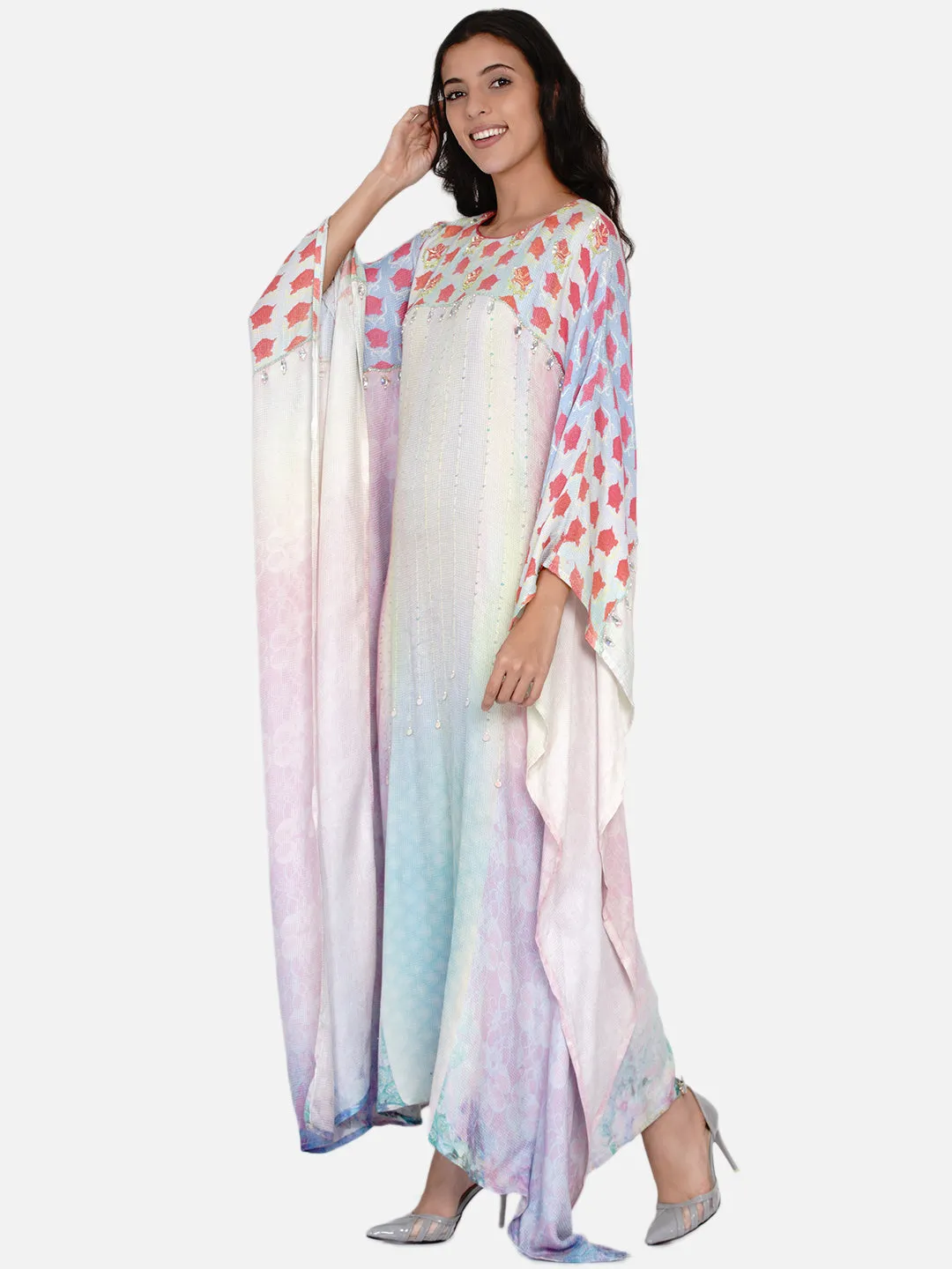 Roses Bejewelled Embellished Pastel Maxi Kaftan - (Clearance - Final Sale)