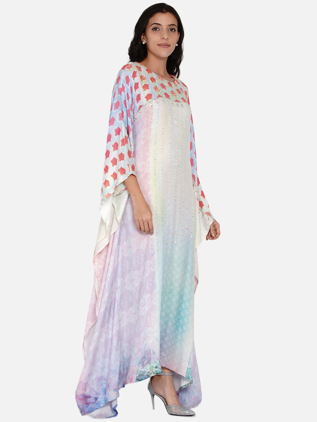 Roses Bejewelled Embellished Pastel Maxi Kaftan - (Clearance - Final Sale)