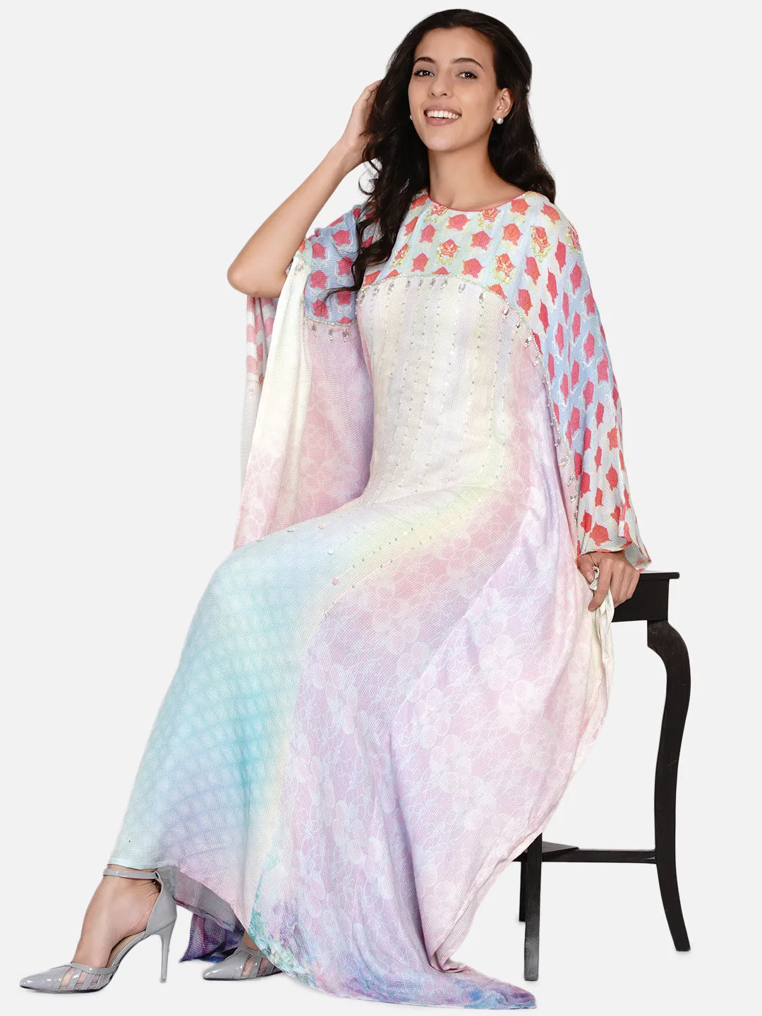 Roses Bejewelled Embellished Pastel Maxi Kaftan - (Clearance - Final Sale)