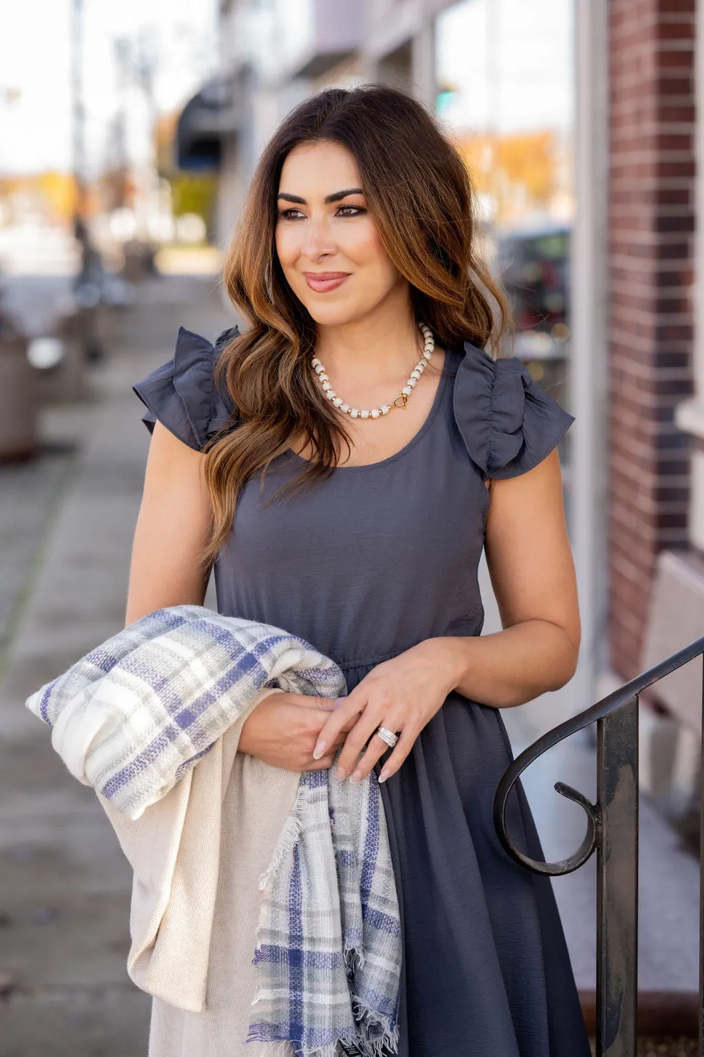 Ruched Ruffle Shoulder Maxi Dress