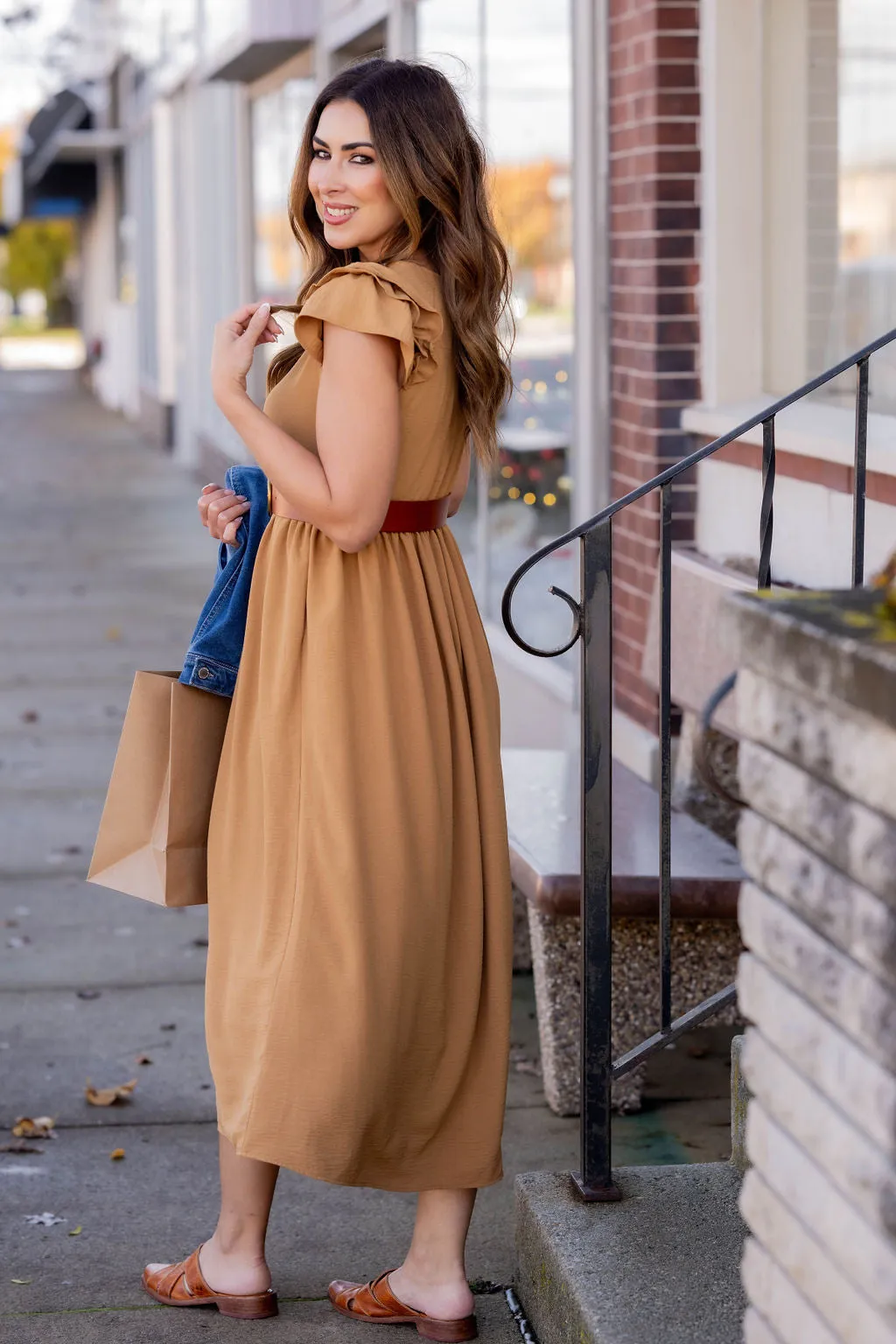 Ruched Ruffle Shoulder Maxi Dress