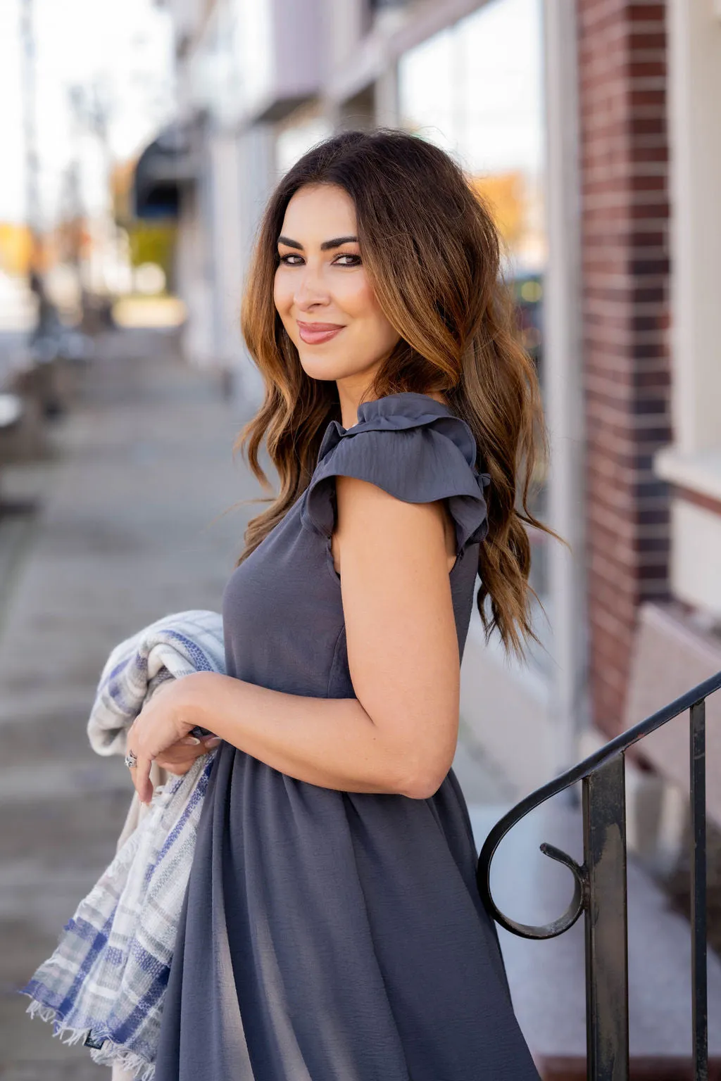 Ruched Ruffle Shoulder Maxi Dress