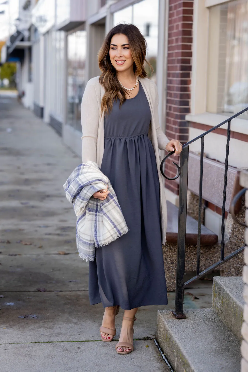 Ruched Ruffle Shoulder Maxi Dress